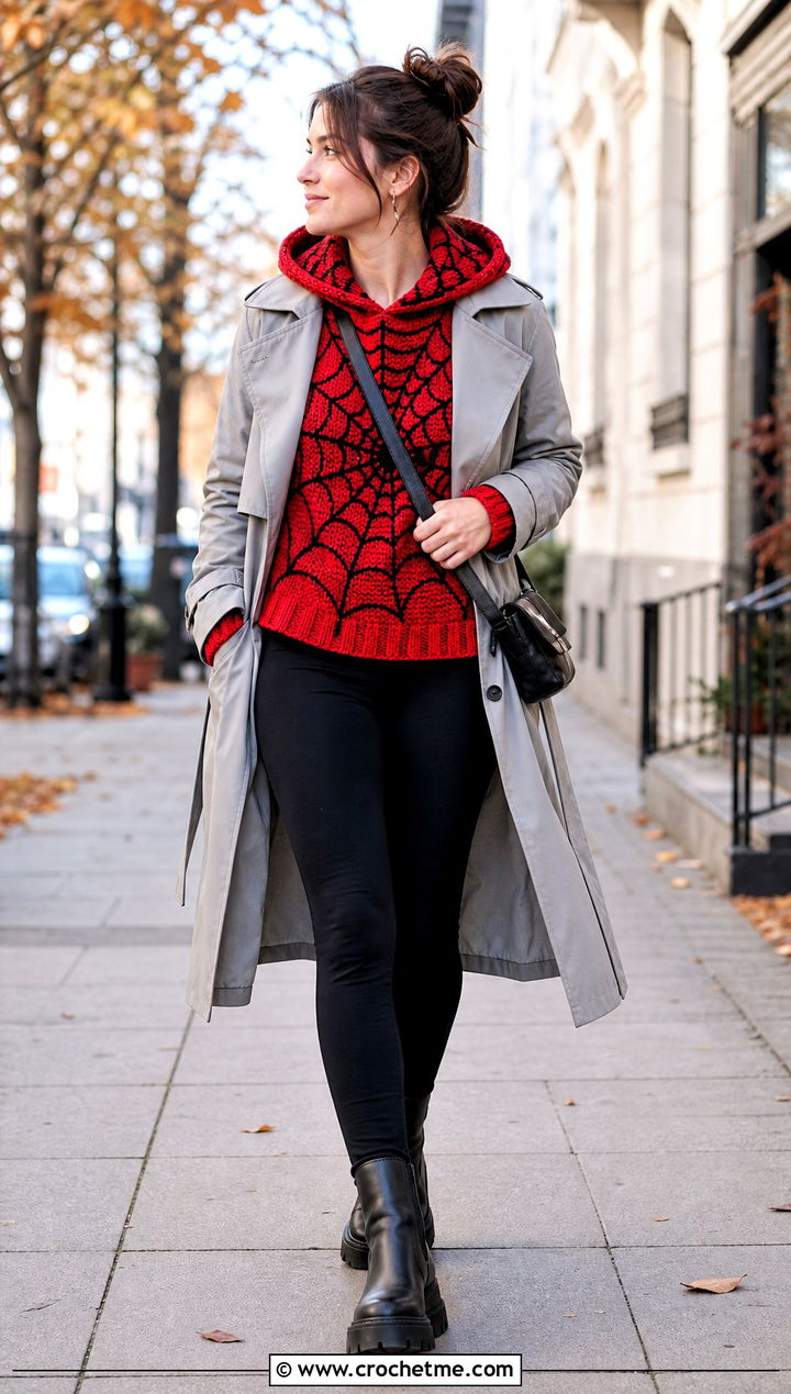 Hooded Cobweb Halloween Crochet Jumper With Leggings And Trench Coat - 15 Halloween Crochet Jumper outfit ideas