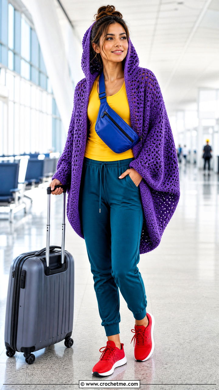 Hooded Cocoon Crochet Shrug With Joggers - 35 crochet shrug outfit ideas