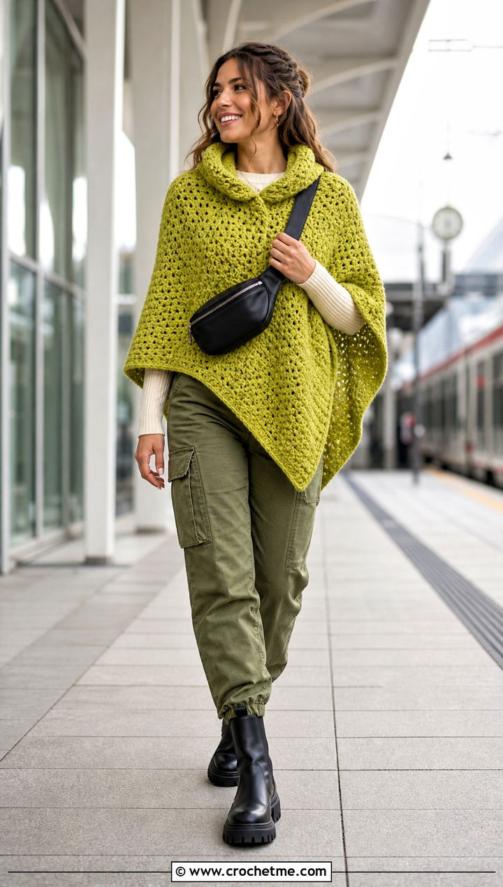 Hooded Collar Crochet Poncho With Cargo Pants - 25 Crochet Poncho With Collar outfit ideas