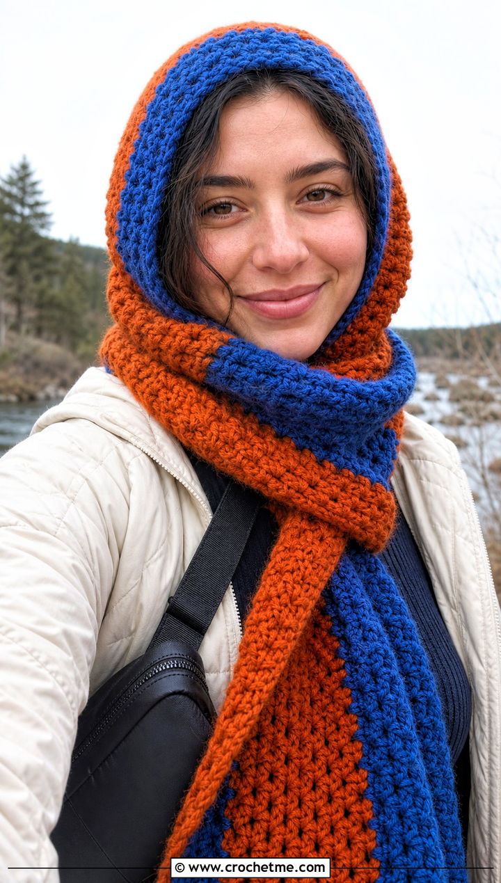 Hooded Color Block Crochet Scarf With Quilted Jacket - 25 Color Block Crochet Scarf outfit ideas