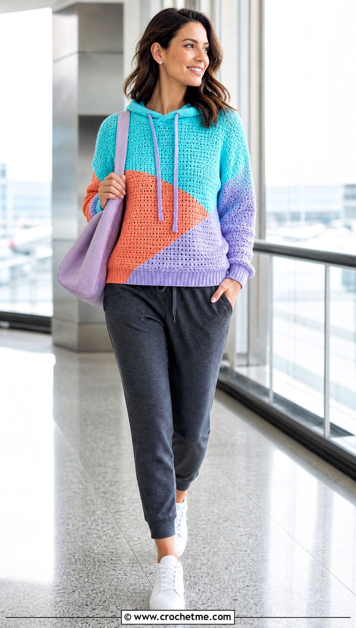 Hooded Color Block Crochet Sweater With Joggers - 25 Color Block Crochet Sweater outfit ideas