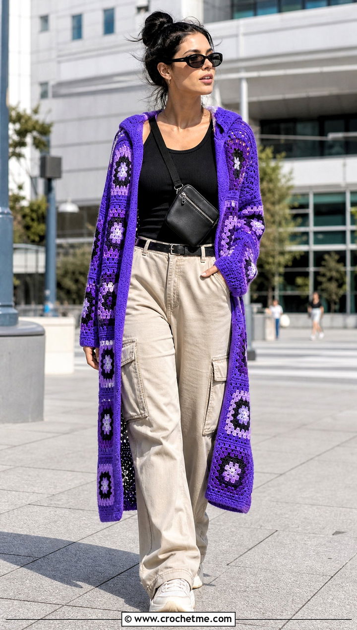 Hooded Continuous Granny Square Cardigan With Cargo Pants - 25 continuous granny square cardigan outfit ideas