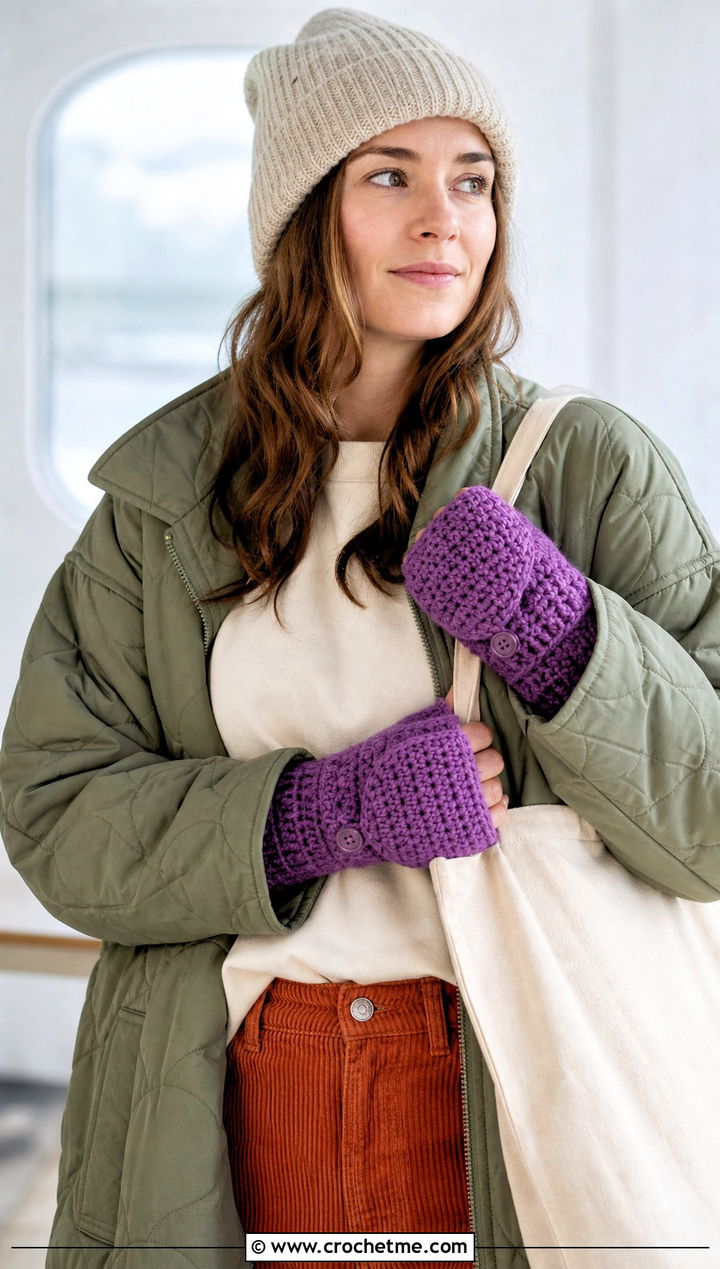 Hooded Convertible Crochet Fingerless Mittens With Quilted Coat - 20 Convertible Crochet Fingerless Mittens outfit ideas