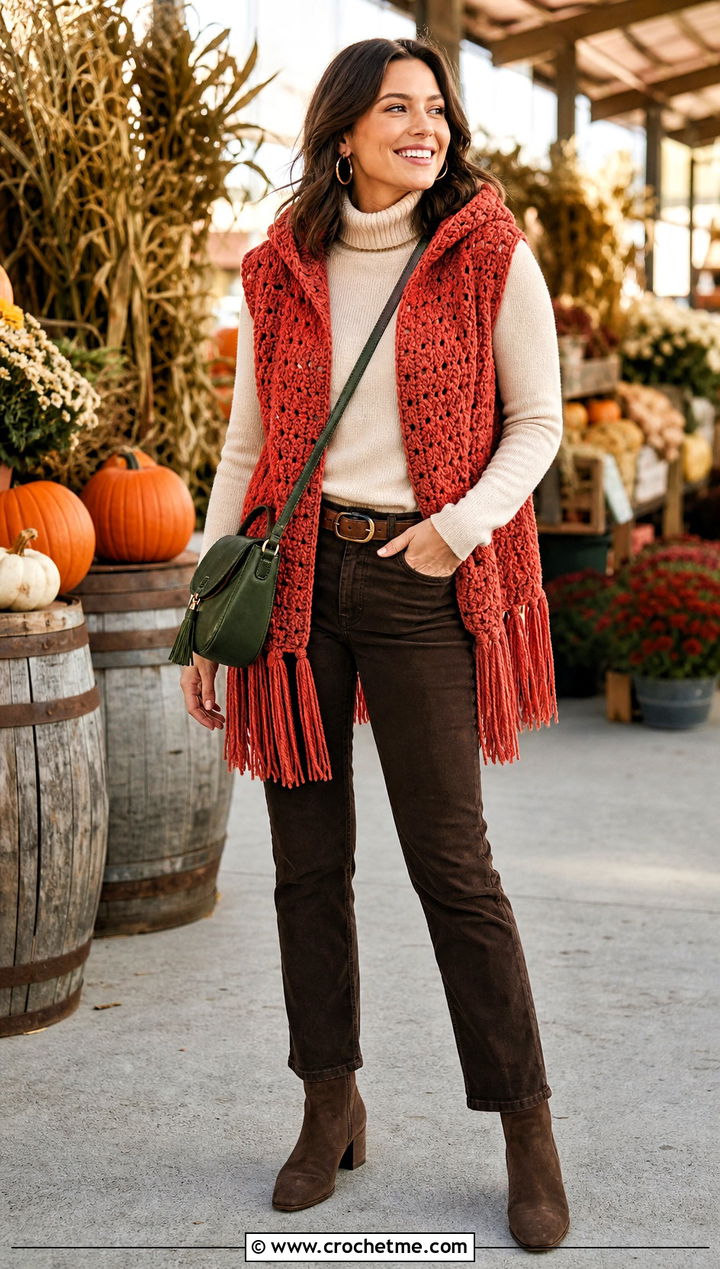 Hooded Coral Fringe Vest With Fall Layers - 15 coral fringe vest in knit crochet boho style outfit ideas