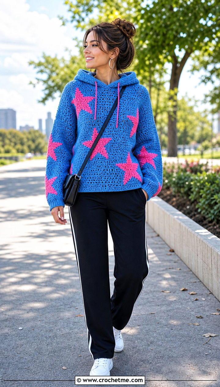 Hooded Coraline Star Crochet Sweater With Track Pants - 25 Coraline Star Crochet Sweater outfit ideas