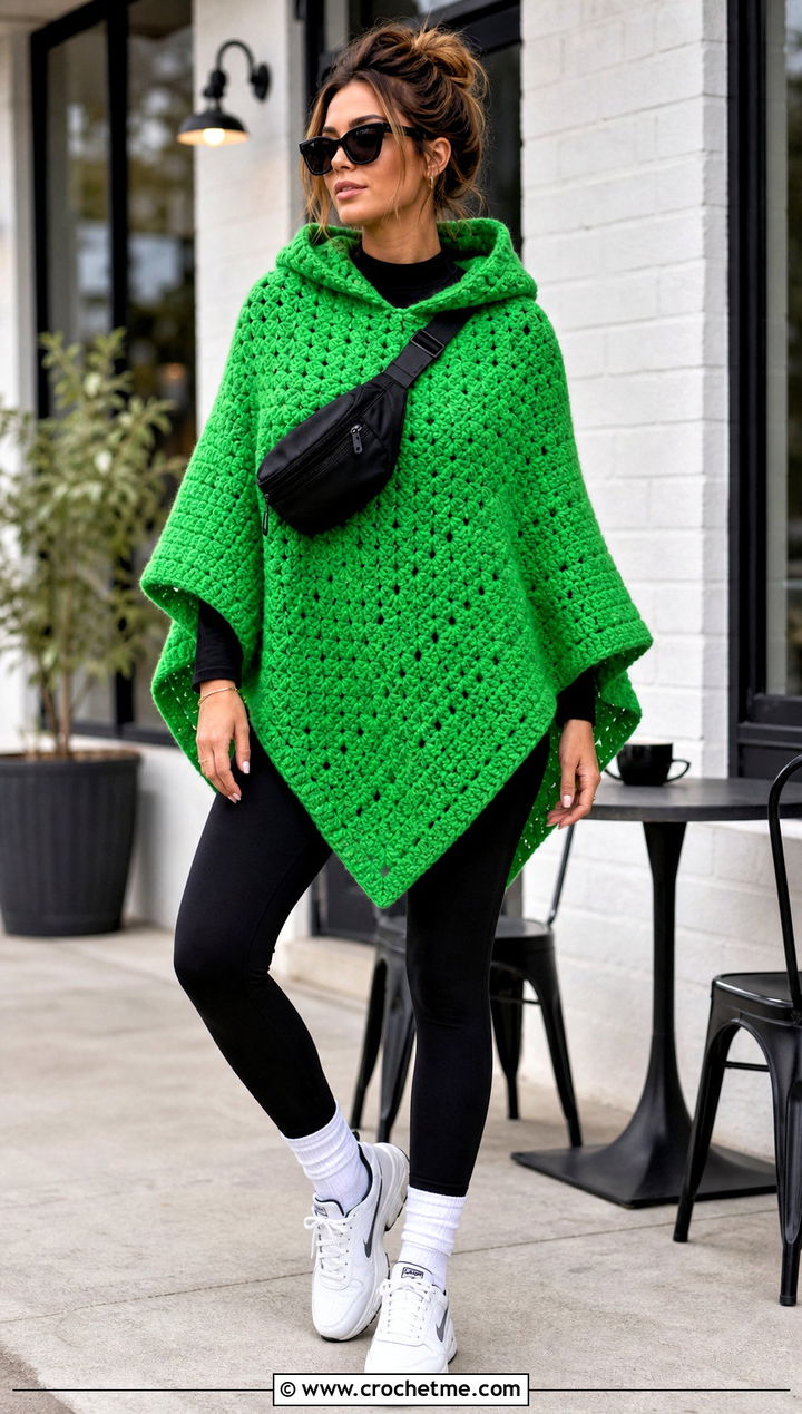 Hooded Corner To Corner Crochet Poncho With Leggings And Sneakers - 15 Corner To Corner Crochet Poncho outfit ideas