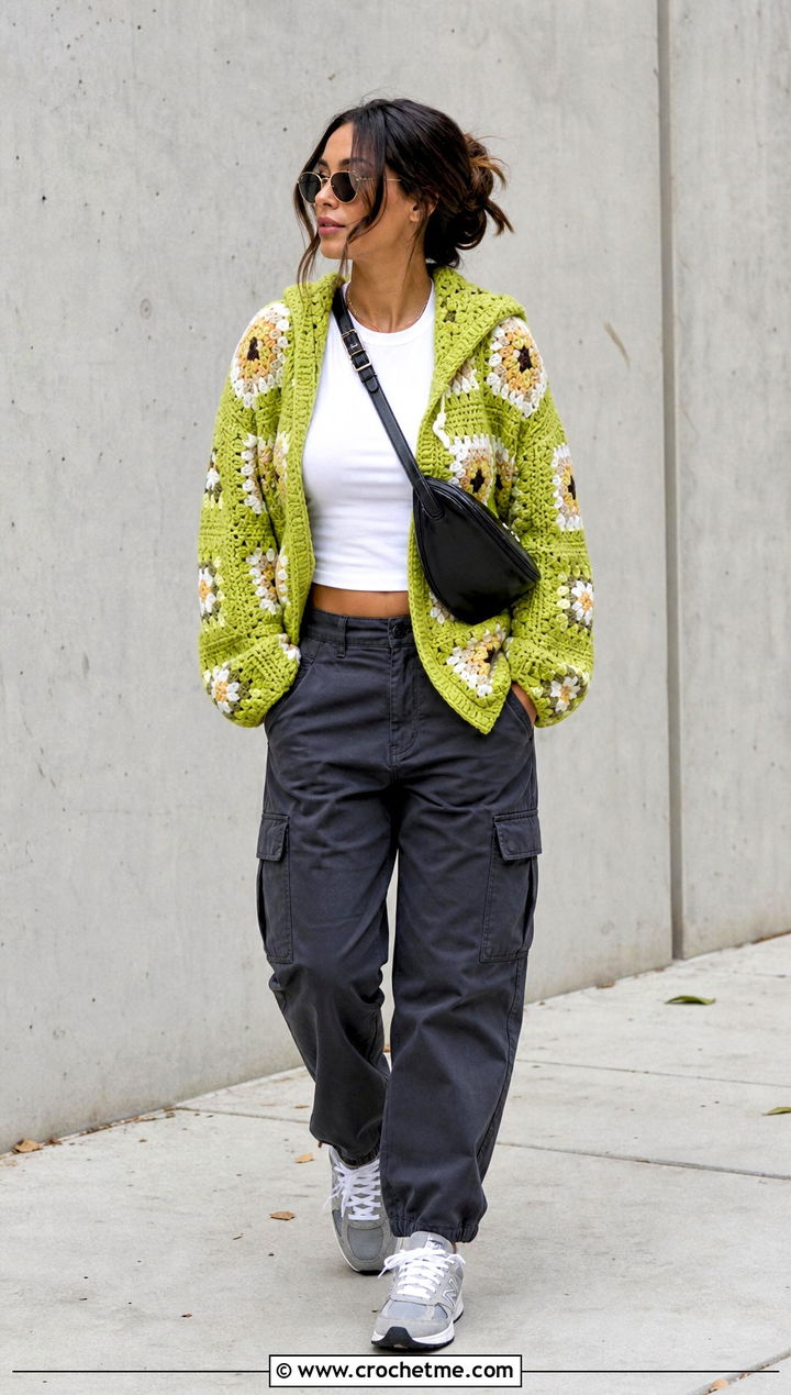 Hooded Cotton Granny Square Cardigan With Cargo Pants - 25 cotton granny square cardigan outfit ideas