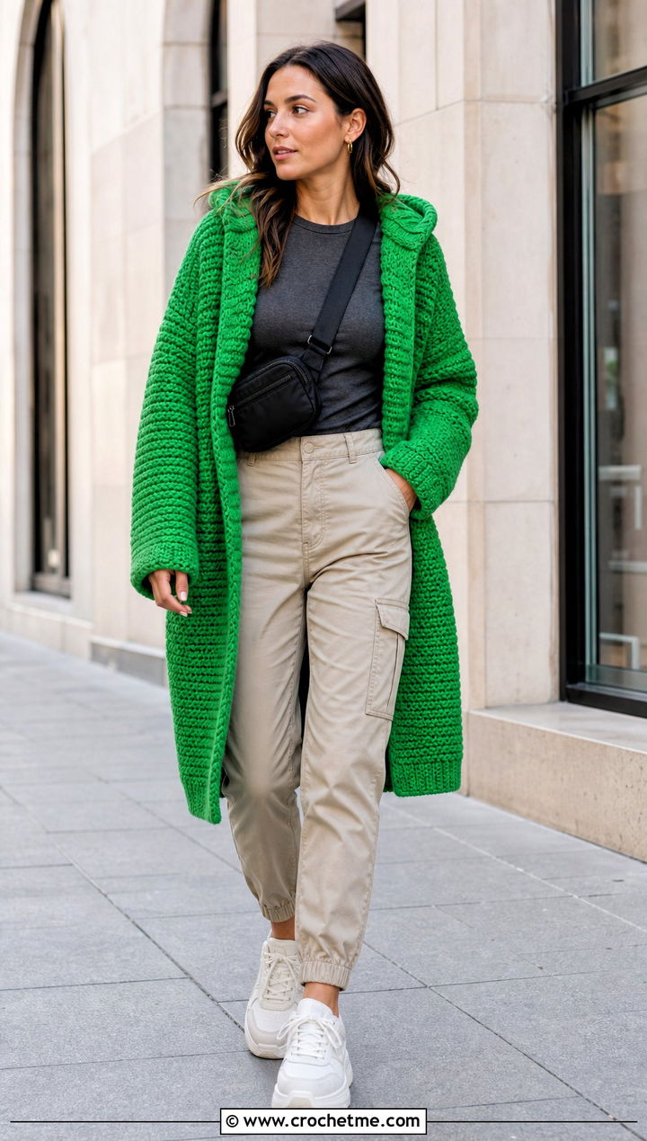 Hooded Couch Crochet Cardigan With Cargo Pants - 15 Couch Crochet Cardigan outfit ideas