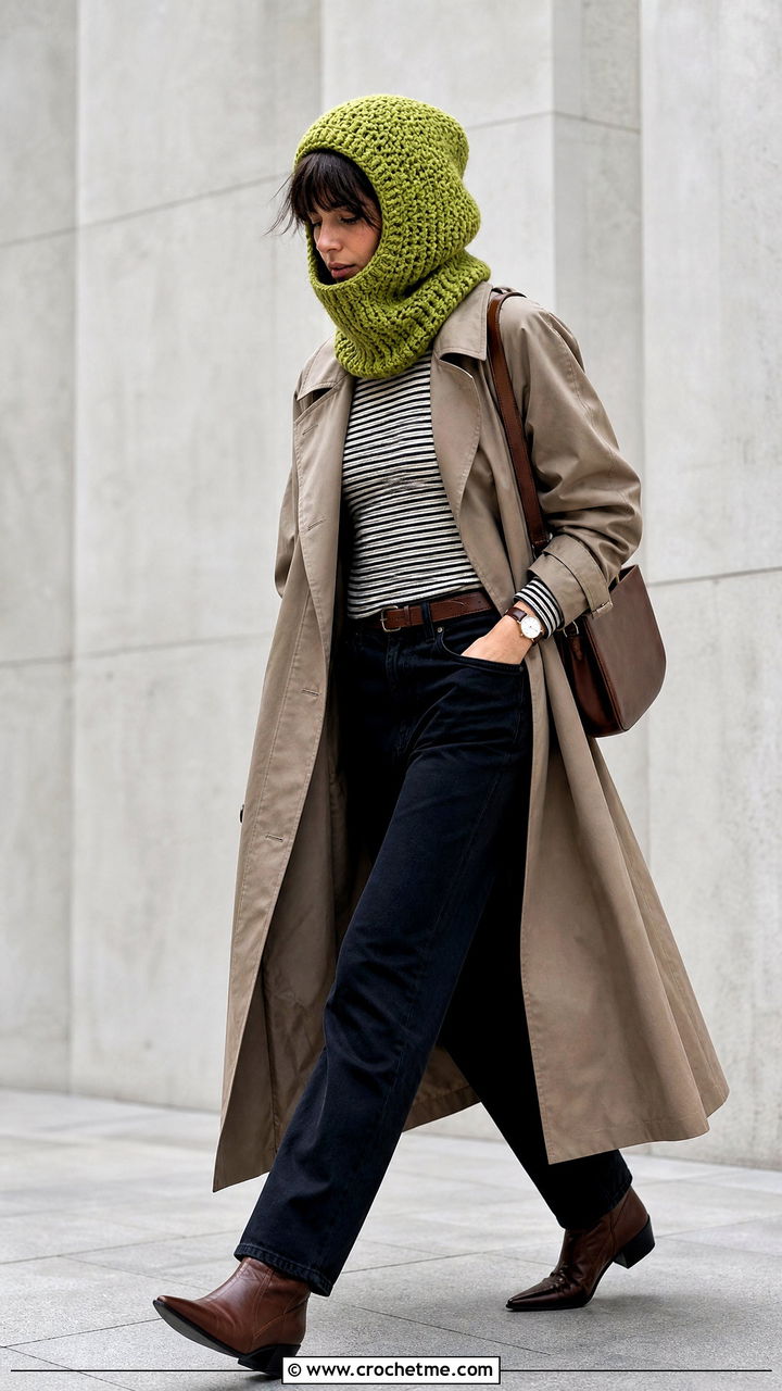 Hooded Cowl Balaclava With Trench Coat - 35 crochet baclava hat outfit ideas