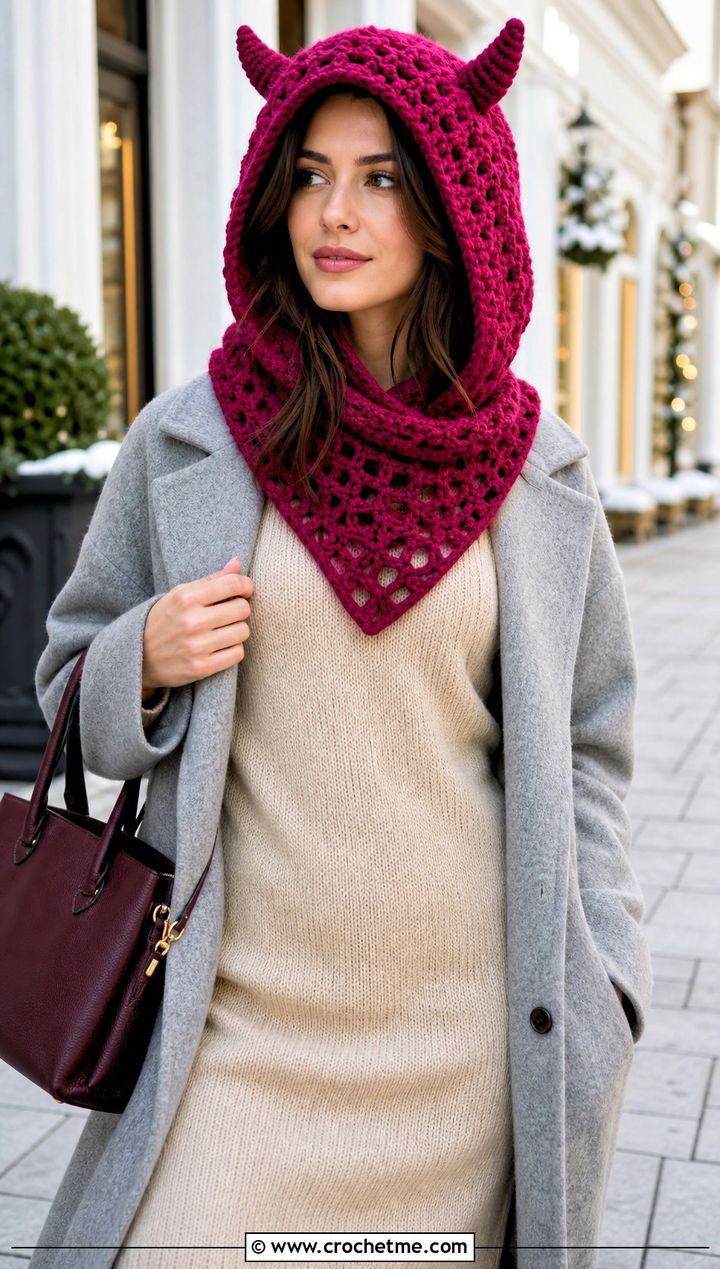 Hooded Cowl Crochet Devil Horn Balaclava With Sweater Dress - 20 crochet devil horn balaclava outfit ideas