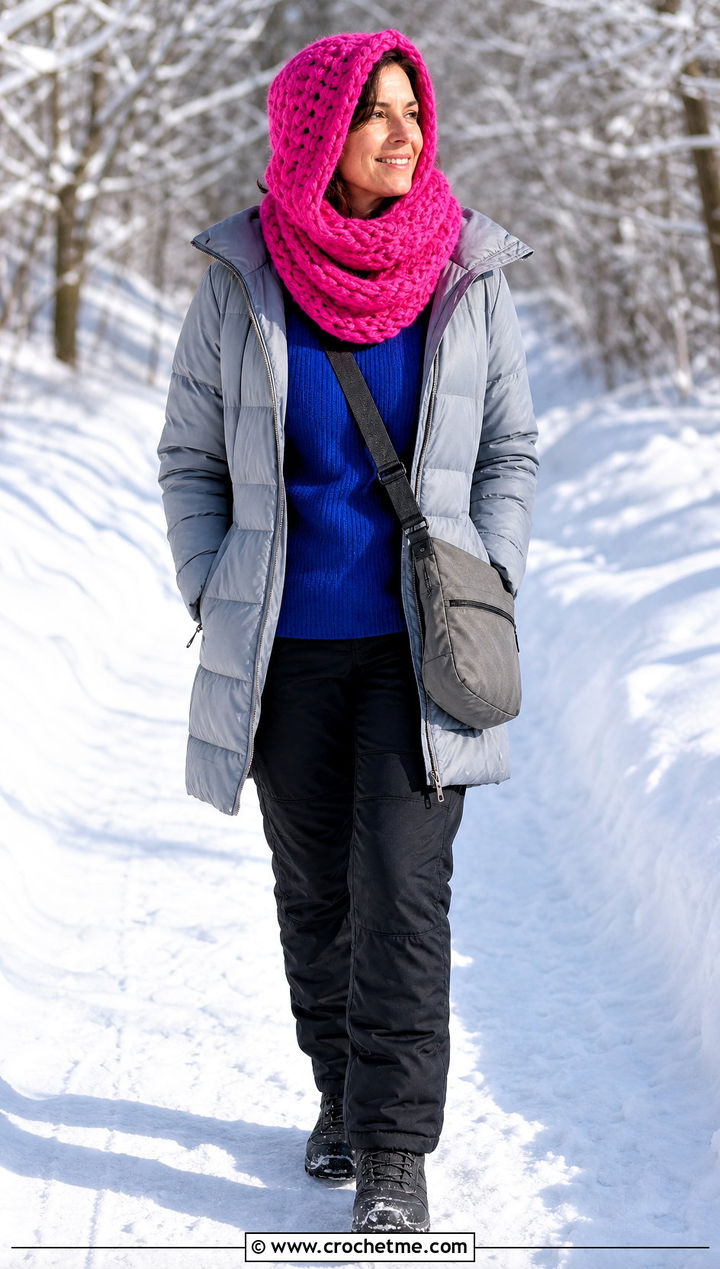 Hooded Cowl Crochet Scarf With Puffer Coat - 35 crochet scarves outfit ideas