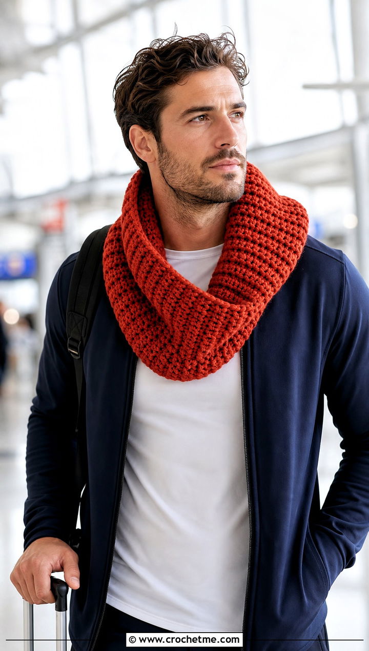 Hooded Cowl Crochet Scarf With Track Jacket - 30 easy crochet scarf men outfit ideas