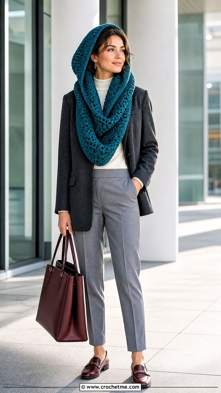 Hooded Cowl Crochet Scarf With Wool Blazer - 35 crochet hood scarf outfit ideas