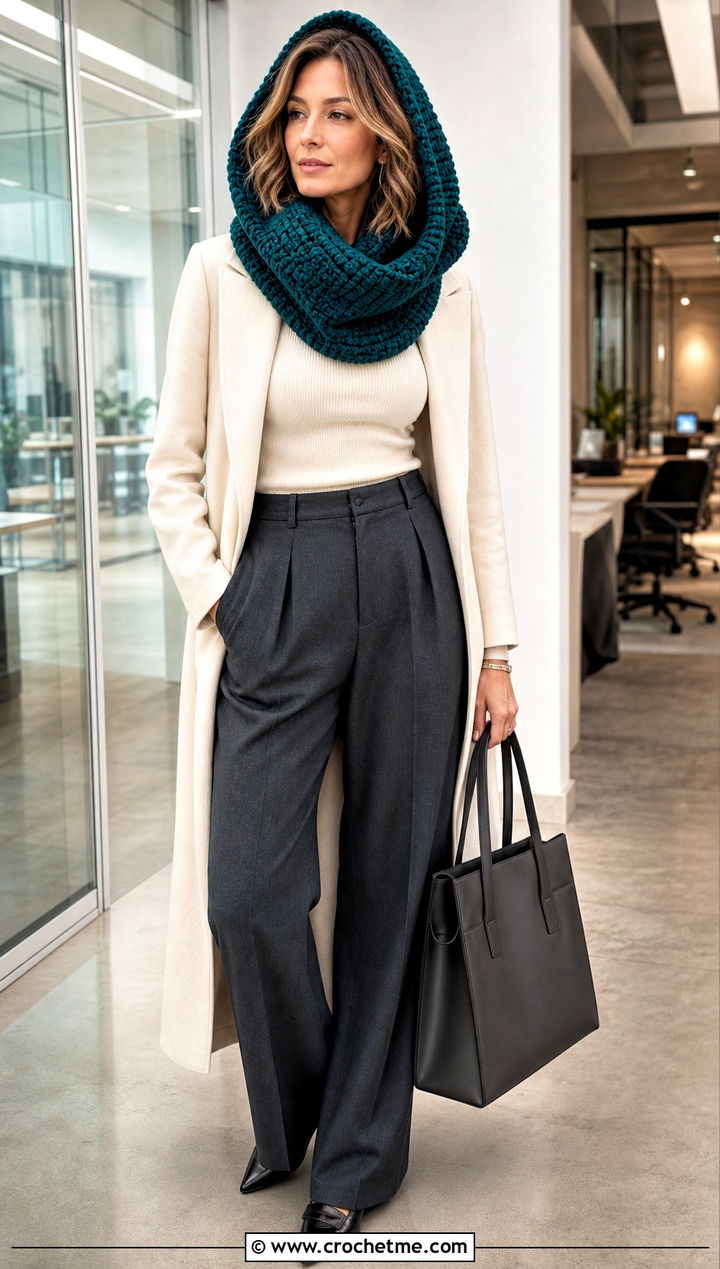 Hooded Cowl Crochet Turtle Neck Hoodie With Tailored Trousers - 30 crochet turtle neck hoodie outfit ideas
