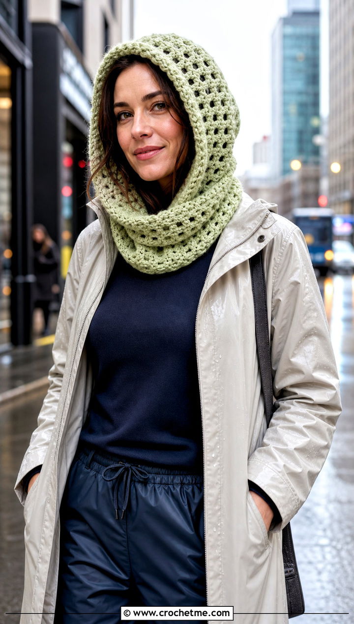 Hooded Cowl Crochet Winter Scarf With Raincoat - 35 crochet winter scarf outfit ideas