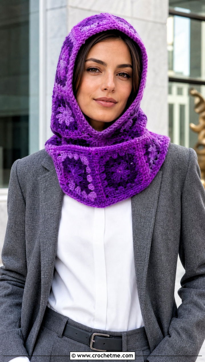 Hooded Cowl Granny Square Balaclava With Blazer - 30 crochet granny square balaclava outfit ideas