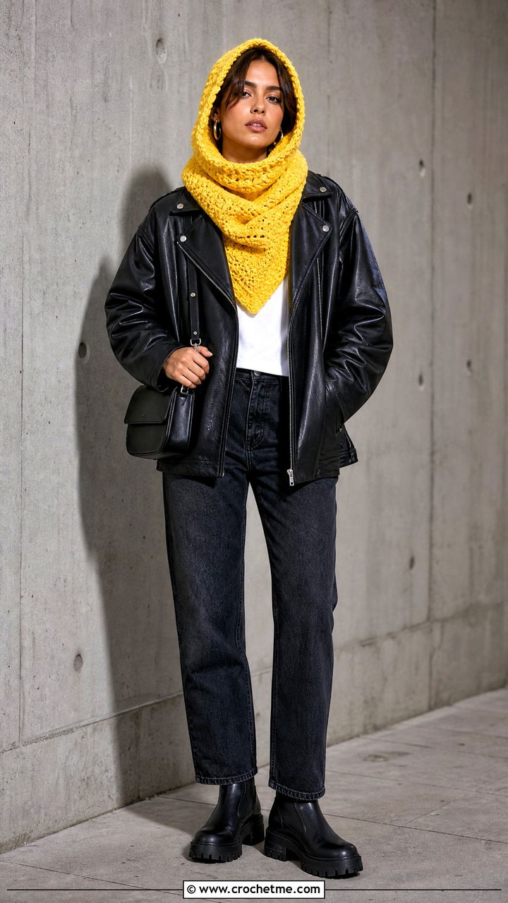 Hooded Cowl Scarf With Leather Jacket And Jeans - 35 crochet hooded scarf outfit ideas
