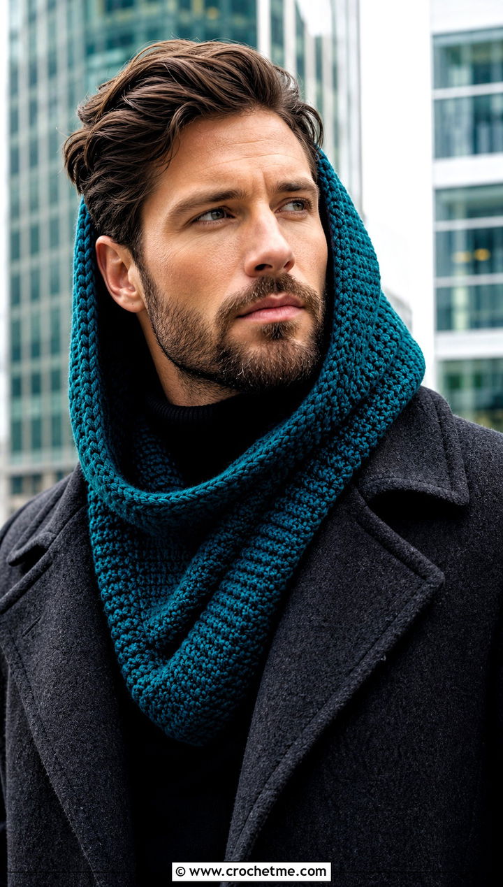 Hooded Cowl Scarf With Wool Overcoat - 20 Crochet Hooded Scarf For Men outfit ideas