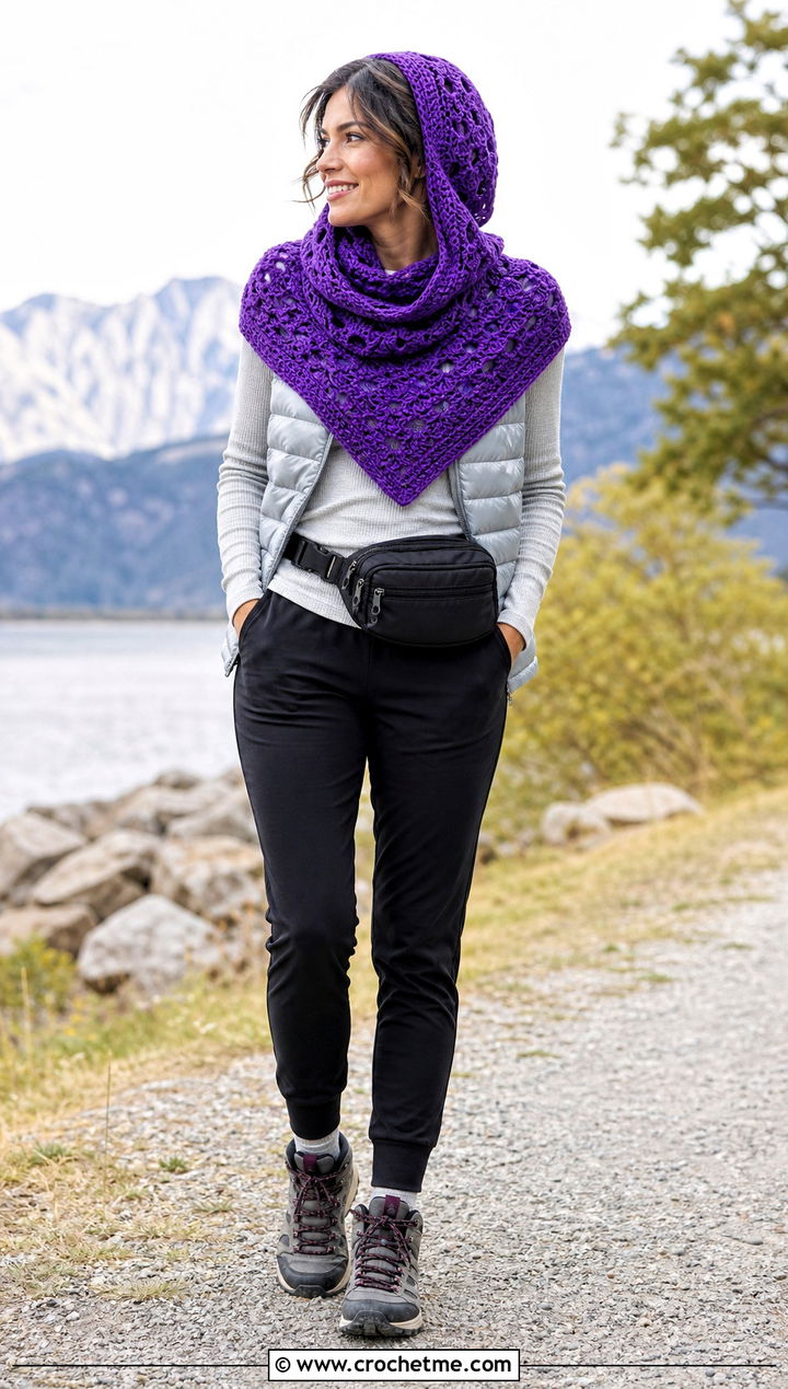 Hooded Cowl Shawl With Puffer Vest And Joggers - 35 crochet hooded shawl outfit ideas