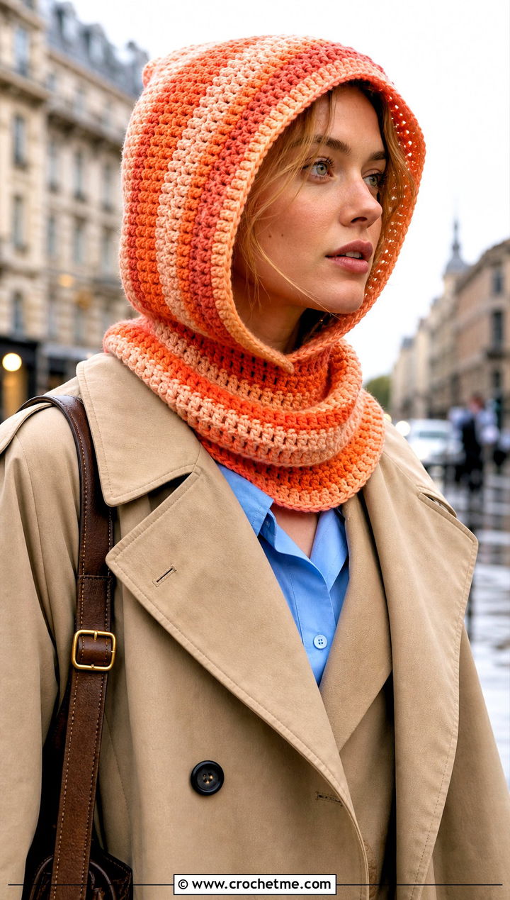 Hooded Cowl Striped Crochet Balaclava With Trench Coat - 15 Striped Crochet Balaclava outfit ideas