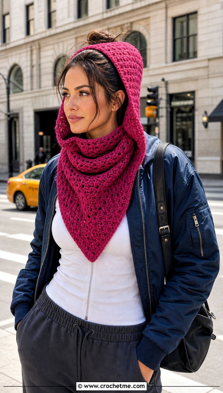 Hooded Cowl Triangle Crochet Scarf With Bomber Jacket - 25 Hooded Triangle Crochet Scarf outfit ideas