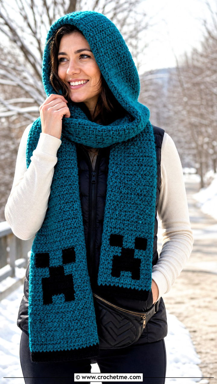 Hooded Creeper Scarf With Puffer Vest - 15 minecraft creeper crochet scarf outfit ideas