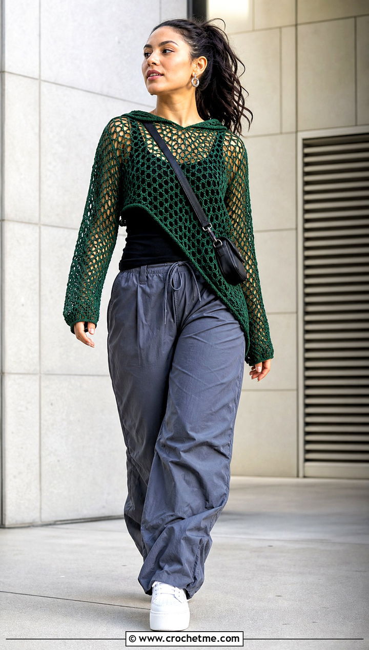 Hooded Crochet Asymmetrical Top With Parachute Pants - 25 crochet assymetrical top outfit ideas