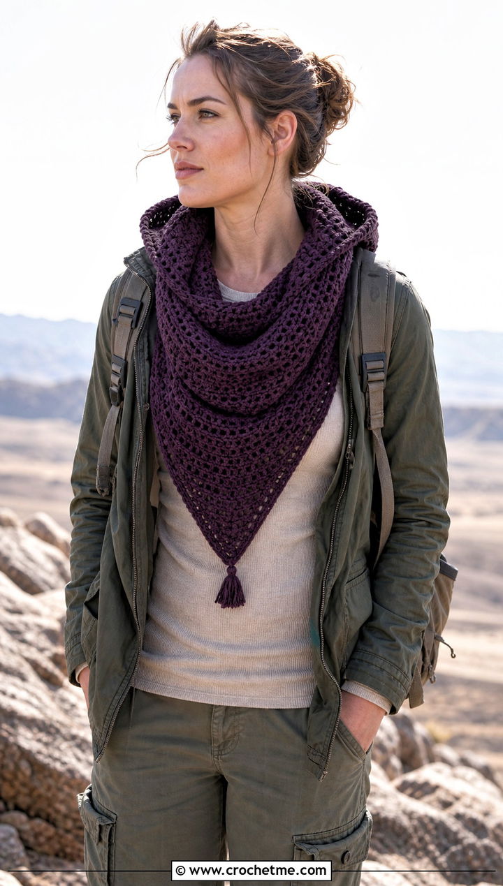 Hooded Crochet Bandana Cowl With Utility Jacket - 30 crochet bandana cowl outfit ideas