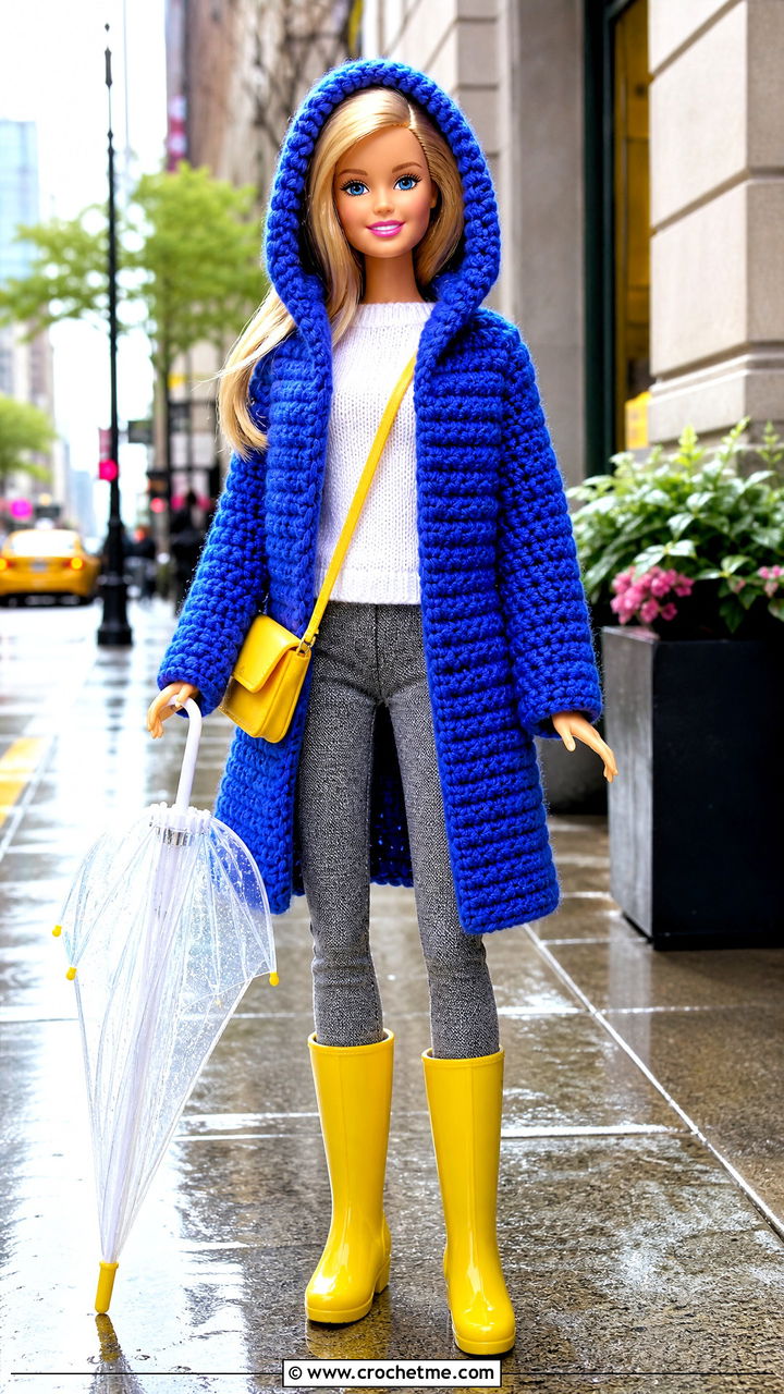 Hooded Crochet Barbie Coat With Rain Boots - 35 crochet barbie doll clothes and outfit ideas