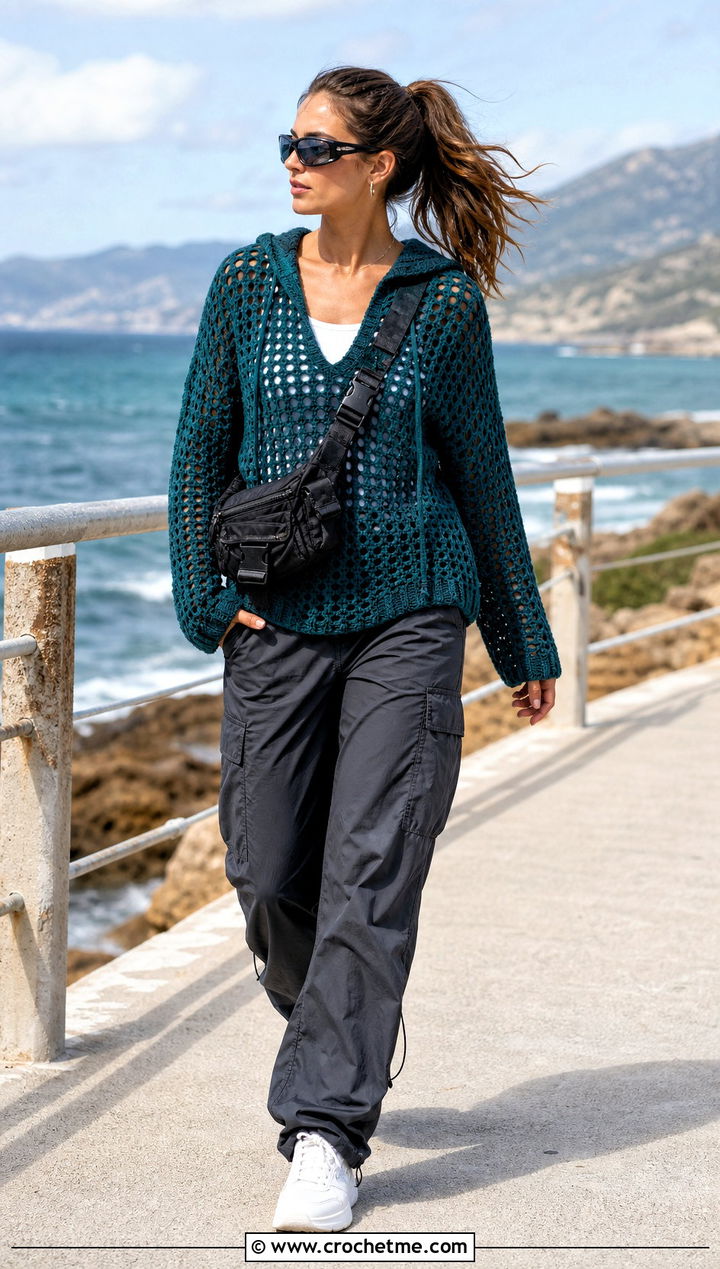 Hooded Crochet Beach Sweater With Cargo Pants - 25 Crochet Beach Sweater outfit ideas