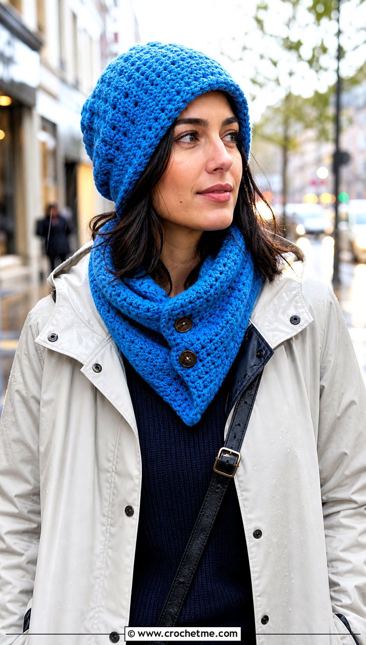 Hooded Crochet Beanie And Scarf Set With Raincoat - 30 crochet beanie and scarf set outfit ideas