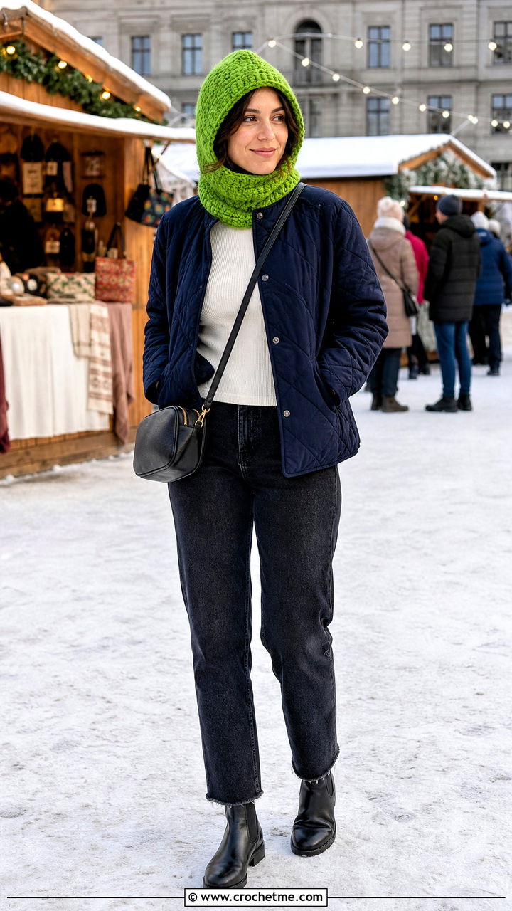 Hooded Crochet Beanie With Quilted Jacket - 35 aesthetic crochet beanie outfit ideas