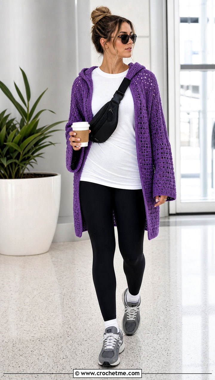 Hooded Crochet Bell Sleeve Cardigan With Leggings And Sneakers - 30 crochet bell sleeve cardigan outfit ideas