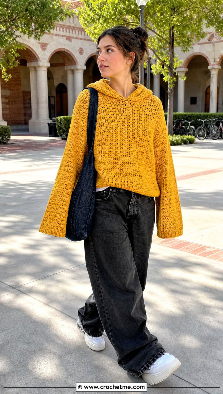 Hooded Crochet Bell Sleeve Sweater With Baggy Jeans - 25 Crochet Sweater With Bell Sleeves outfit ideas