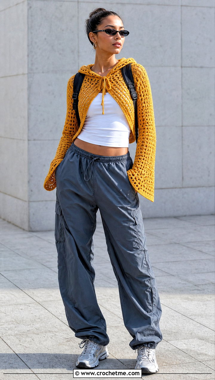 Hooded Crochet Bell Sleeve Top With Parachute Pants - 30 crochet top with bell sleeves outfit ideas