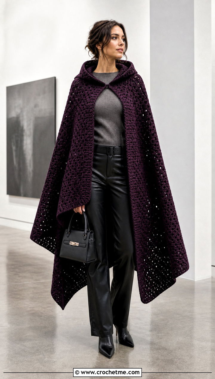 Hooded Crochet Blanket Cape With Leather Pants - 25 crochet hoodie blanket outfit ideas
