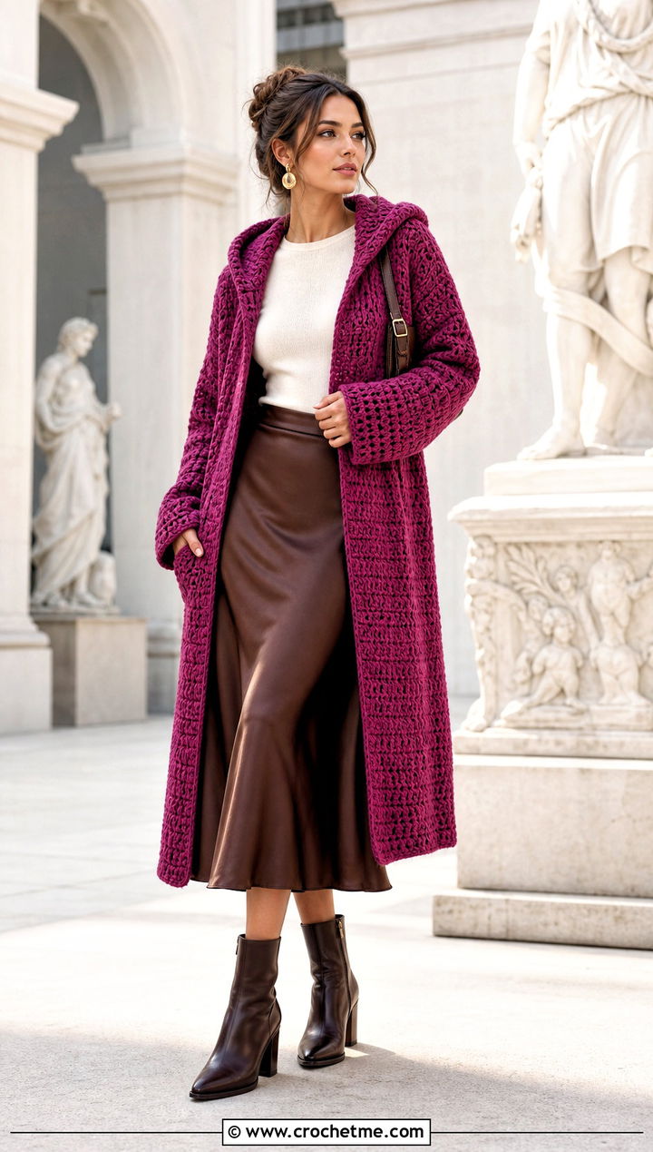 Hooded Crochet Blanket Cardigan With Midi Skirt - 25 crochet hoodie blanket outfit ideas