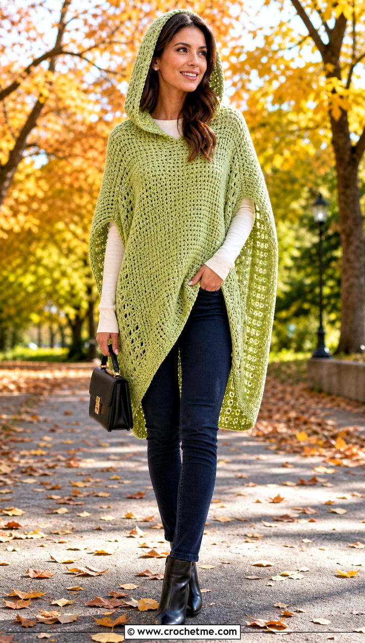 Hooded Crochet Blanket Poncho With Skinny Jeans - 25 crochet hoodie blanket outfit ideas
