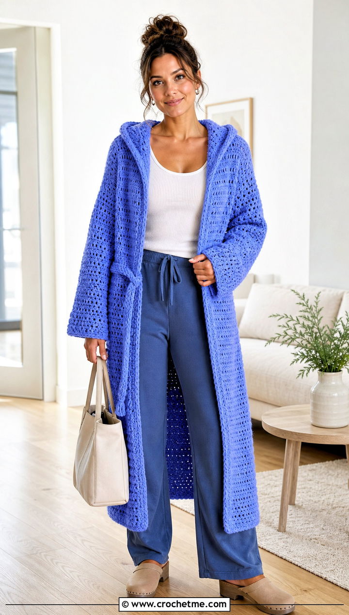 Hooded Crochet Blanket Robe With Lounge Set - 25 crochet hoodie blanket outfit ideas