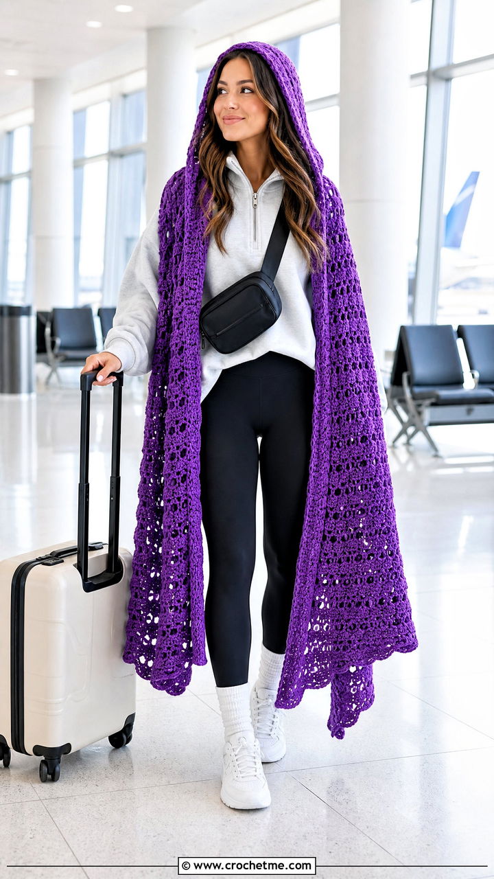 Hooded Crochet Blanket Scarf With Leggings - 35 crochet blanket scarf outfit ideas