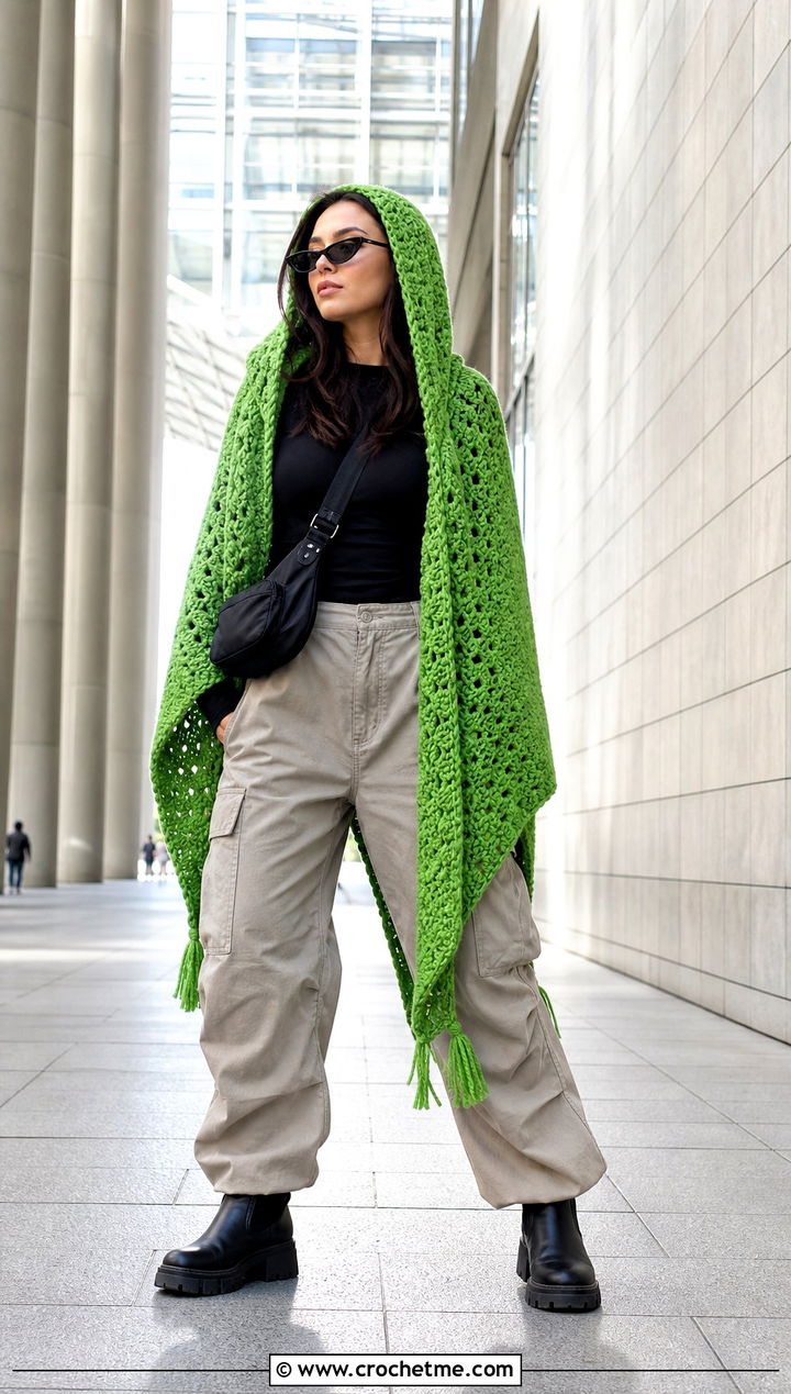 Hooded Crochet Blanket Shawl With Cargo Pants - 15 Crochet Shawl Blanket outfit ideas