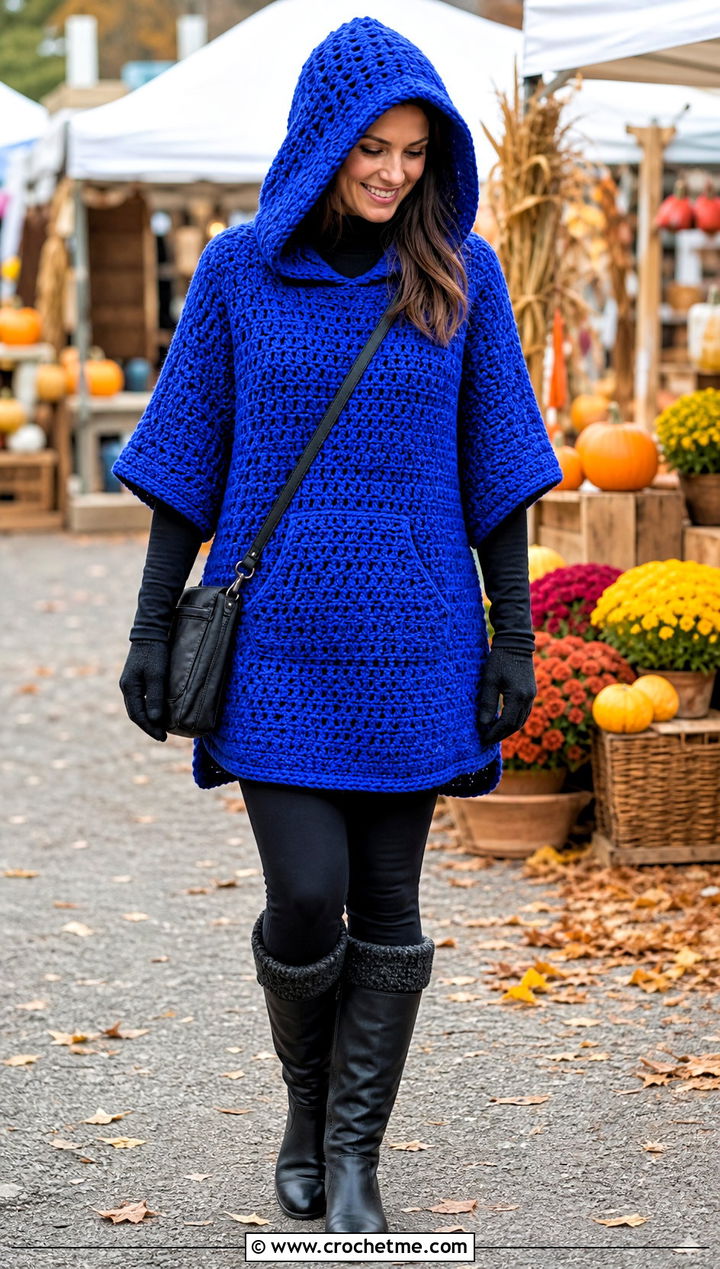 Hooded Crochet Blanket Tunic With Knee High Boots - 25 crochet hoodie blanket outfit ideas