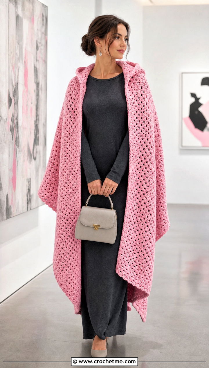 Hooded Crochet Blanket Wrap With Column Dress - 25 crochet hoodie blanket outfit ideas