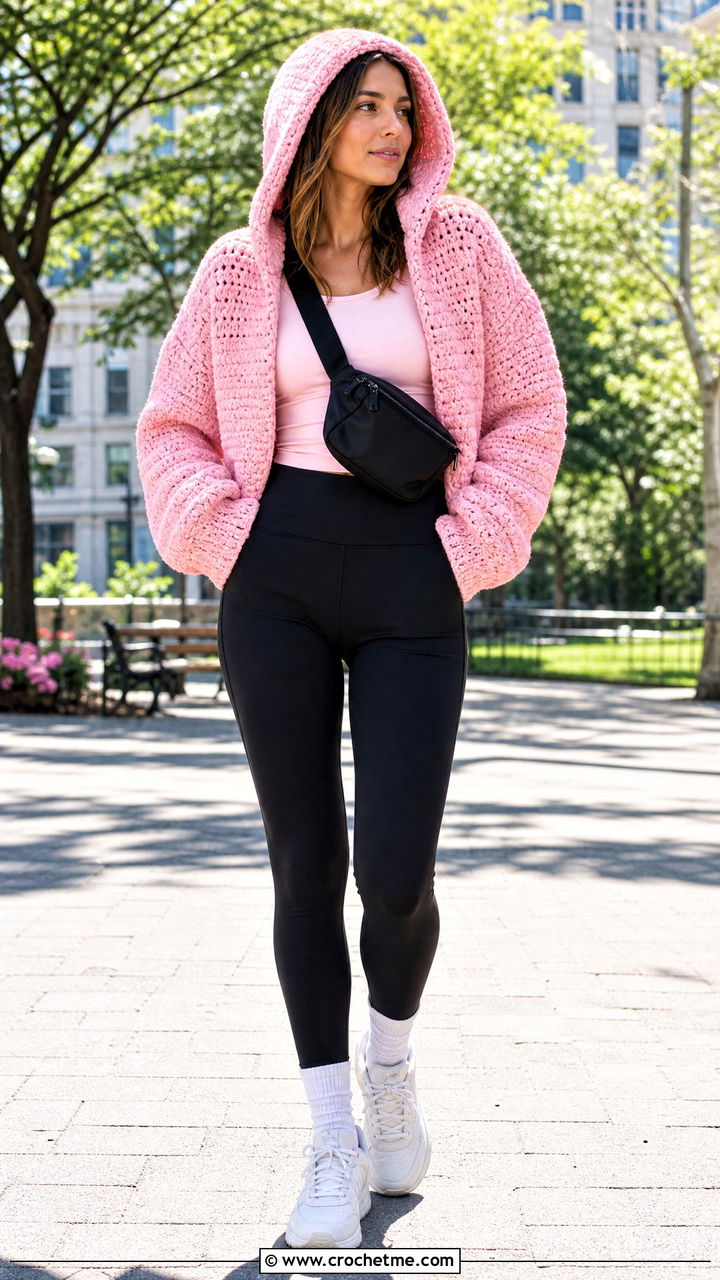 Hooded Crochet Bog Jacket With Leggings - 35 Crochet Bog Jacket outfit ideas
