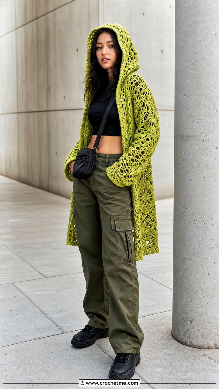 Hooded Crochet Boho Cardigan With Cargo Pants - 35 crochet boho cardigan outfit ideas