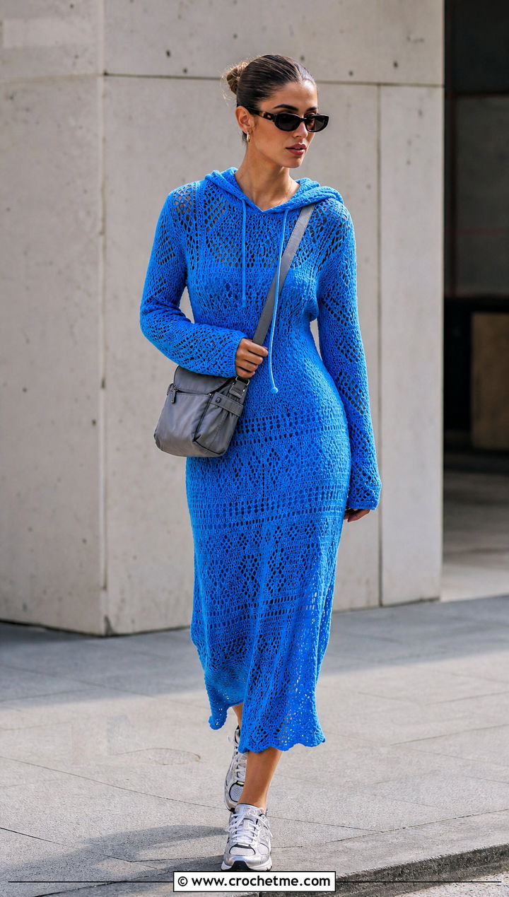 Hooded Crochet Boho Dress With Sporty Sneakers - 30 crochet boho dress outfit ideas