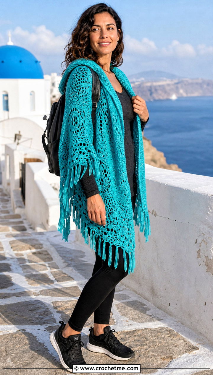 Hooded Crochet Boho Shawl With Leggings - 30 crochet boho shawl outfit ideas