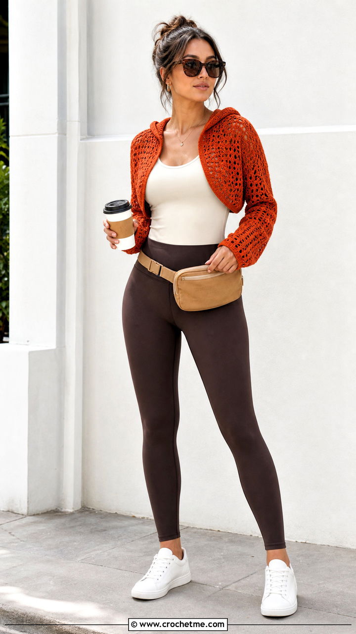 Hooded Crochet Bolero Shrug With Leggings And Sneakers - 35 crochet bolero shrug outfit ideas