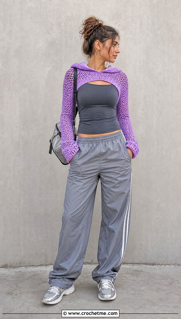 Hooded Crochet Bolero Top With Track Pants - 20 crochet bolero top outfit ideas