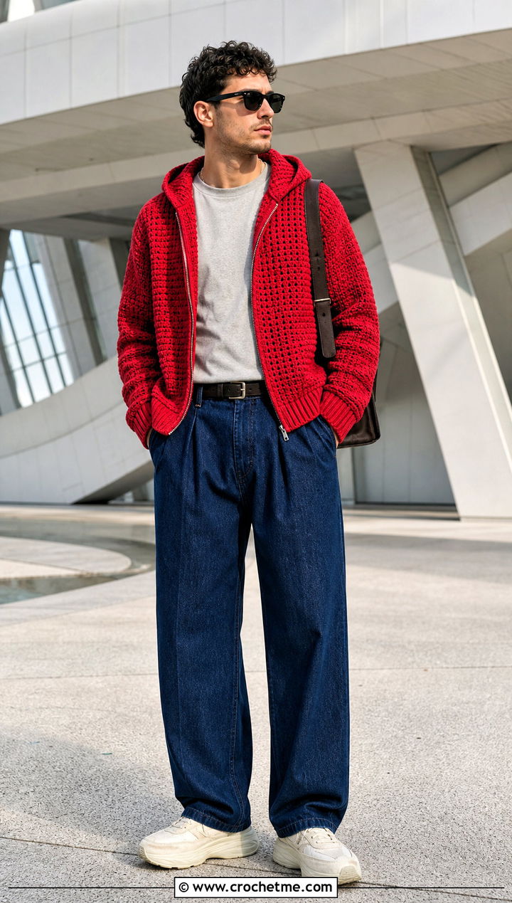 Hooded Crochet Bomber With Pleated Jeans - 35 crochet hoodie for men outfit ideas